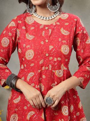 Charming Red Cotton Anarkali Kurta Set with Tie-Dye Doriya Dupatta | Maternity & Festive Wear 4