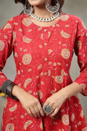 Charming Red Cotton Anarkali Kurta Set with Tie-Dye Doriya Dupatta | Maternity & Festive Wear