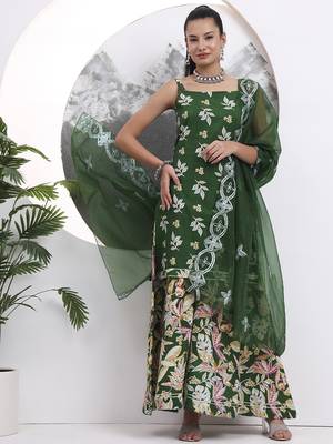 green cotton sleeveless kurta palazzo dupatta set 1