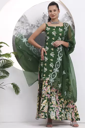 green cotton sleeveless kurta palazoo dupatta set