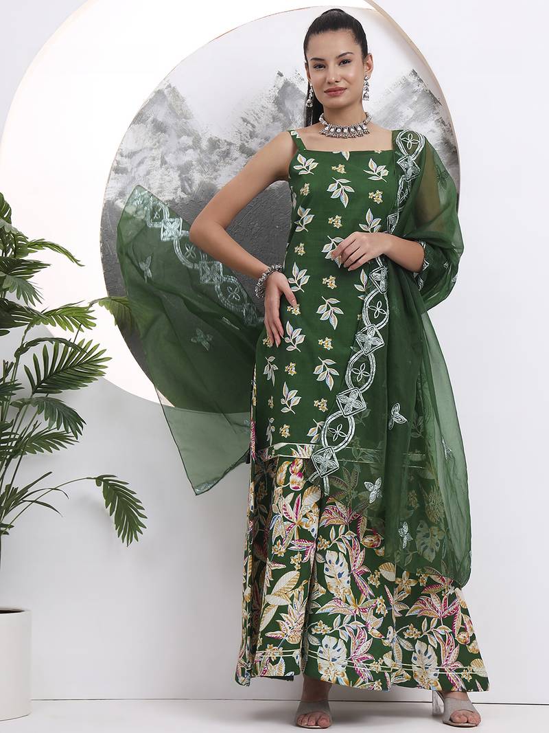 green cotton sleeveless kurta palazoo dupatta set