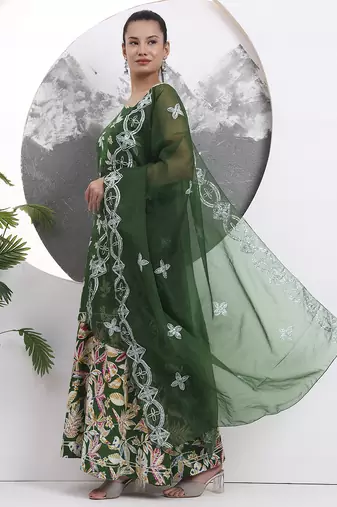 green cotton sleeveless kurta palazzo dupatta set