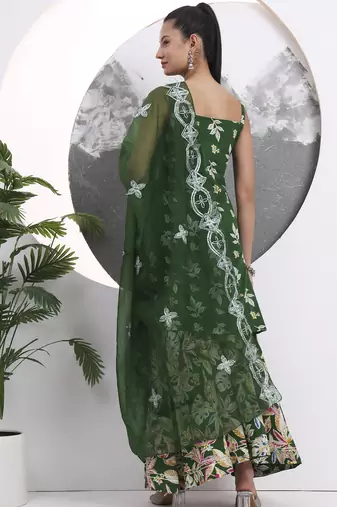 green cotton sleeveless kurta palazzo dupatta set