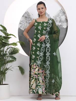 green cotton sleeveless kurta palazzo dupatta set 5