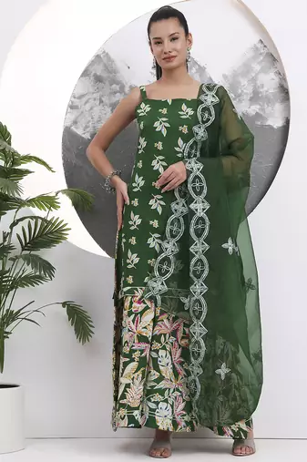 green cotton sleeveless kurta palazzo dupatta set