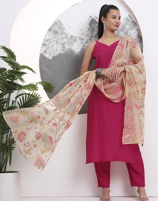 pink solid straight silk blend sleeveless kurta trouser dupatta set 1