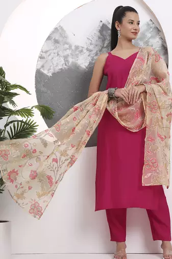 pink solid straight silk blend sleeveless kurta trouser dupatta set