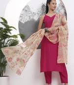 pink solid straight silk blend sleeveless kurta trouser dupatta set