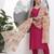 pink solid straight silk blend sleeveless kurta trouser dupatta set