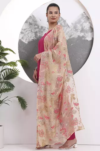 pink solid straight silk blend sleeveless kurta trouser dupatta set