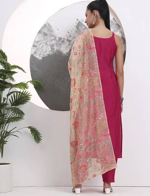 pink solid straight silk blend sleeveless kurta trouser dupatta set 3