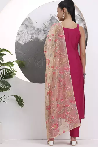 pink solid straight silk blend sleeveless kurta trouser dupatta set