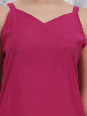 pink solid straight silk blend sleeveless kurta trouser dupatta set 4