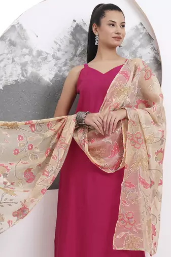 pink solid straight silk blend sleeveless kurta trouser dupatta set