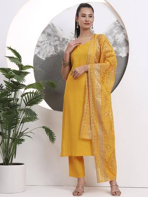 yellow solid straight silk blend sleeveless kurta trouser dupatta set 1