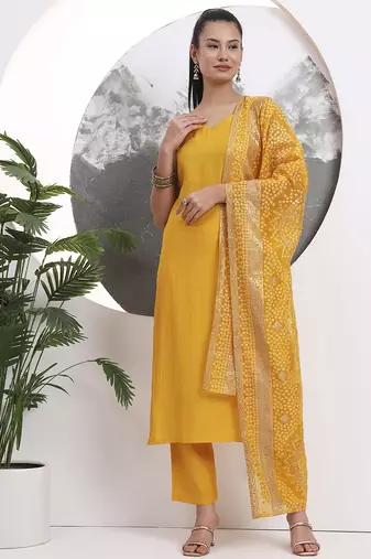yellow solid straight silk blend sleeveless kurta trouser dupatta set