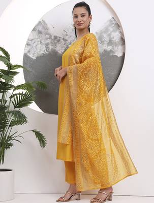 yellow solid straight silk blend sleeveless kurta trouser dupatta set 2