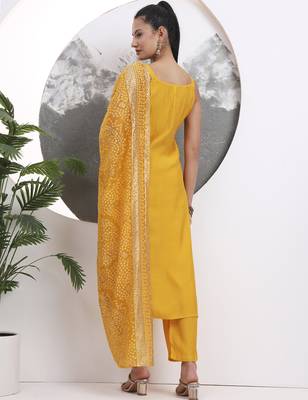 yellow solid straight silk blend sleeveless kurta trouser dupatta set 3