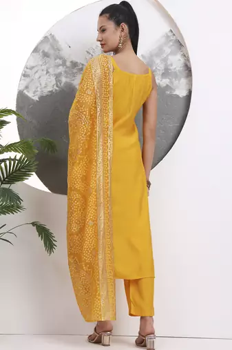 yellow solid straight silk blend sleeveless kurta trouser dupatta set