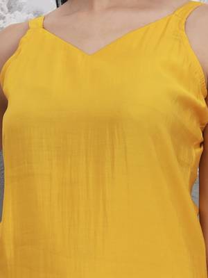 yellow solid straight silk blend sleeveless kurta trouser dupatta set 4