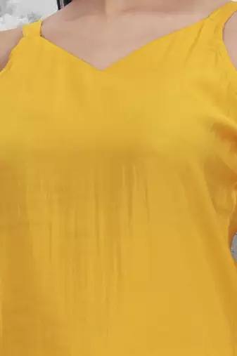 yellow solid straight silk blend sleeveless kurta trouser dupatta set