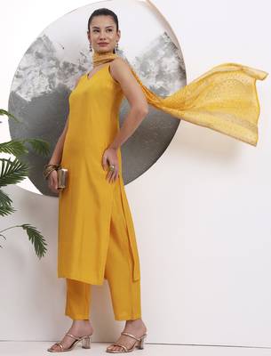 yellow solid straight silk blend sleeveless kurta trouser dupatta set 5