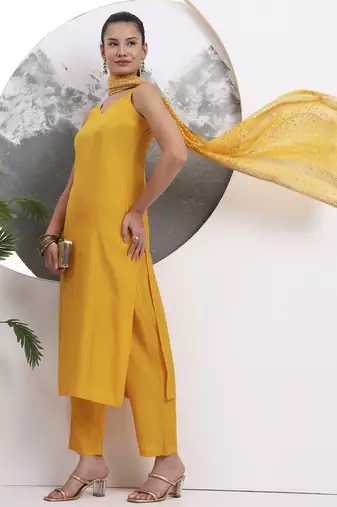 yellow solid straight silk blend sleeveless kurta trouser dupatta set