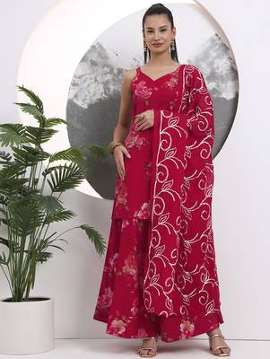 red floral straight silk blend sleeveslss kurta palazzo dupatta set 1