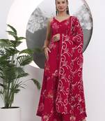 red floral straight silk blend sleeveslss kurta palazoo dupatta set