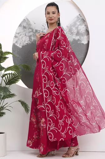 red floral straight silk blend sleeveslss kurta palazzo dupatta set