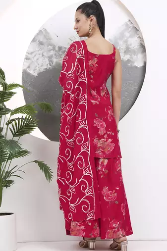 red floral straight silk blend sleeveslss kurta palazzo dupatta set