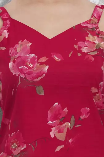 red floral straight silk blend sleeveslss kurta palazzo dupatta set