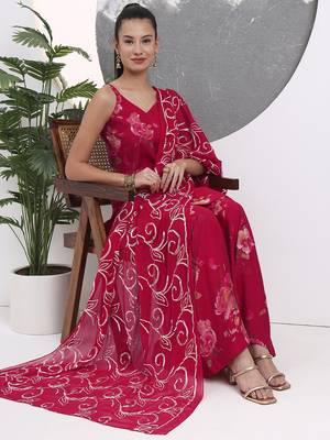 red floral straight silk blend sleeveslss kurta palazzo dupatta set 5