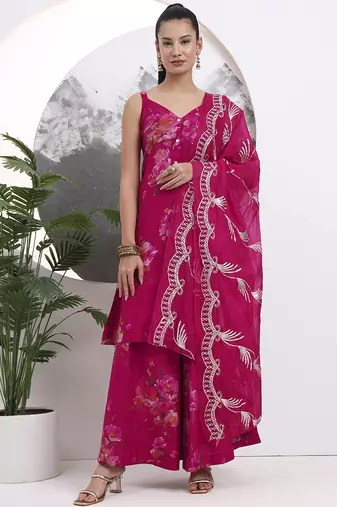 hot pink silk blend a-line kurta palazoo set