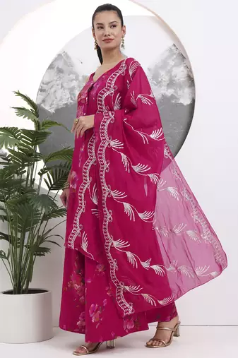 hot pink silk blend a-line kurta palazzo set