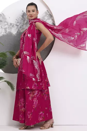 hot pink silk blend a-line kurta palazzo set