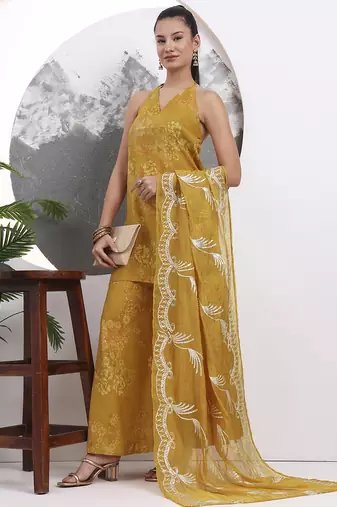 mustard silk blend halter neck kurta palazoo set