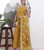mustard silk blend halter neck kurta palazoo set