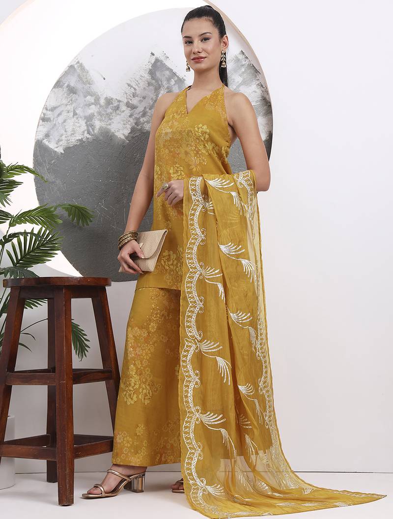 mustard silk blend halter neck kurta palazoo set