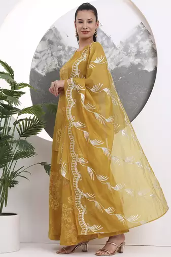 mustard silk blend halter neck kurta palazzo set