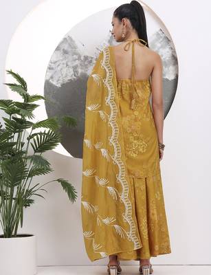 mustard silk blend halter neck kurta palazzo set 3