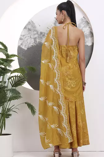 mustard silk blend halter neck kurta palazzo set