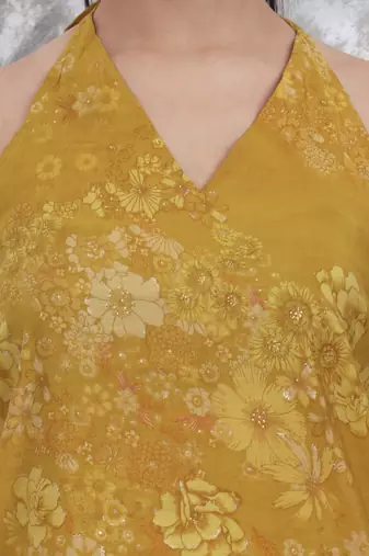 mustard silk blend halter neck kurta palazzo set