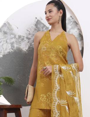 mustard silk blend halter neck kurta palazzo set 5