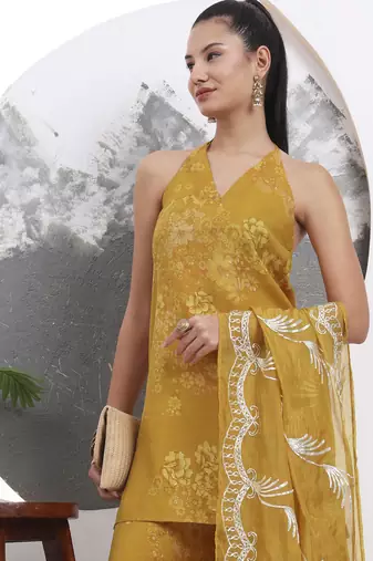 mustard silk blend halter neck kurta palazzo set