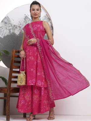 pink silk blend boat neck a-line kurta palazzo set 1