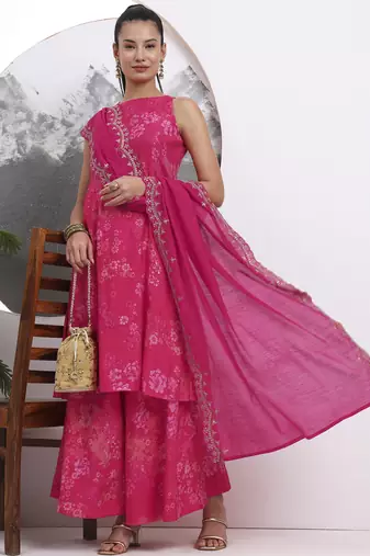 pink silk blend boat neck a-line kurta palazoo set