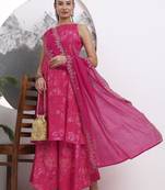 pink silk blend boat neck a-line kurta palazoo set