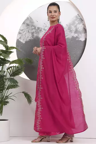 pink silk blend boat neck a-line kurta palazzo set