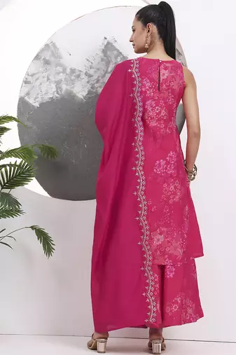 pink silk blend boat neck a-line kurta palazzo set